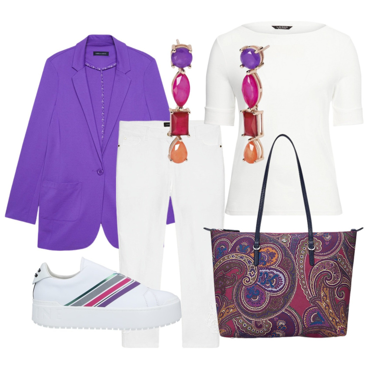 Outfit donna - Di corsa in pizzeria. Stile Casual chic per Serata fuori. Abbinamento con sneakers, orecchini, borse tote, top, blazer, pantaloni skinny.