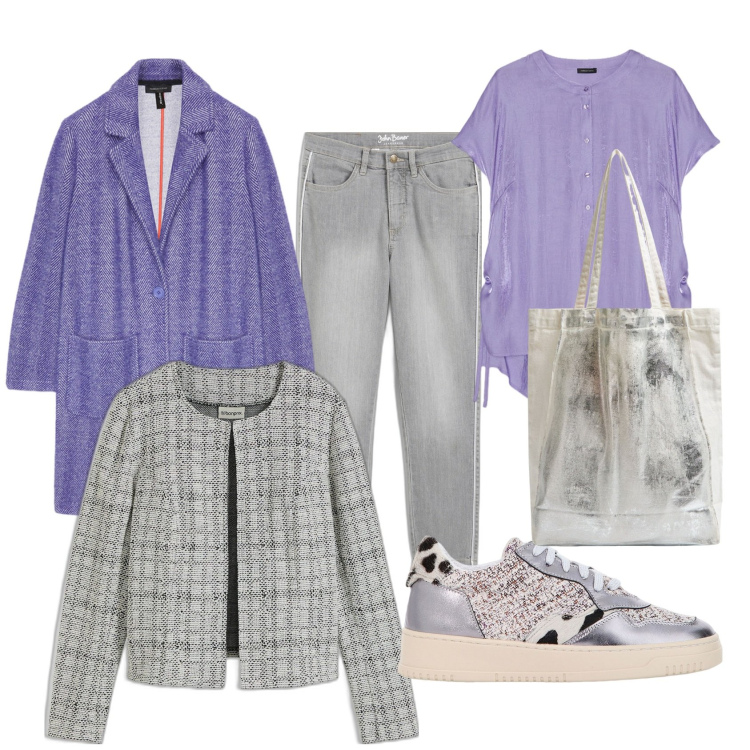 Outfit donna - Violet mood. Stile Casual per Tutti i giorni. Abbinamento con cardigans, jeans skinny, shopping bag, sneakers, bluse, cappotti.