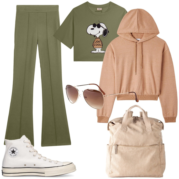Outfit donna - I colori della terra. Stile Sporty chic per Tutti i giorni. Abbinamento con occhiali da sole, zaini, felpe con cappuccio, pantaloni, t-shirt, sneakers.