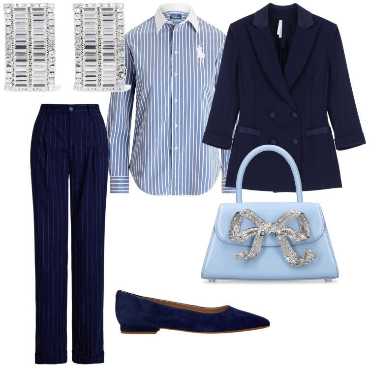 Outfit donna - Stasera esco così. per Serata fuori. Abbinamento con blazer, camicie, ballerine, pantaloni, borse a mano, orecchini.