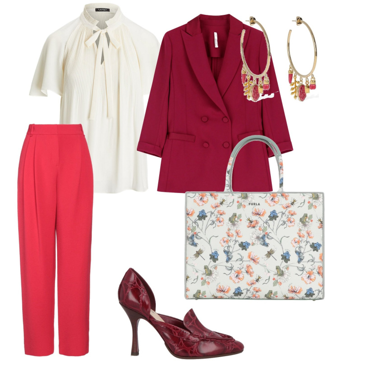 Outfit donna - Pronti per la festa. per Cerimonia. Abbinamento con pantaloni, décolleté, borse a mano, blazer, camicie, orecchini.