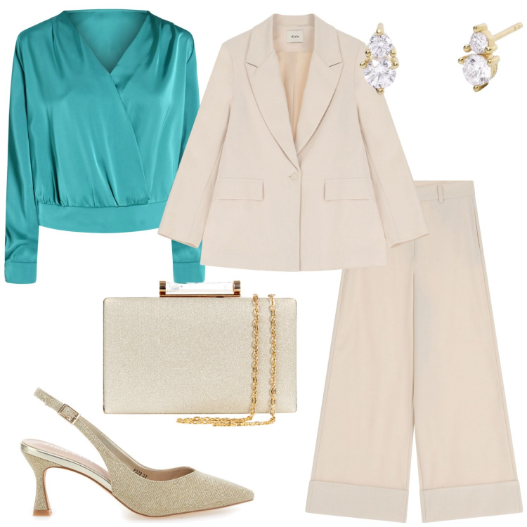 Outfit donna - Tonalità pastello. Stile Chic per Cerimonia. Abbinamento con orecchini, bluse, clutch, blazer, pantaloni, décolleté.