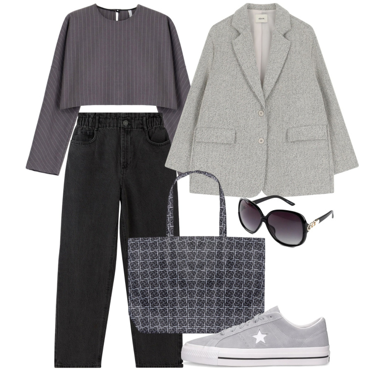 Outfit donna - Gessato e tweed. Stile Casual chic per Tutti i giorni. Abbinamento con occhiali da sole, jeans, maglieria, blazer, shopping bag, sneakers.