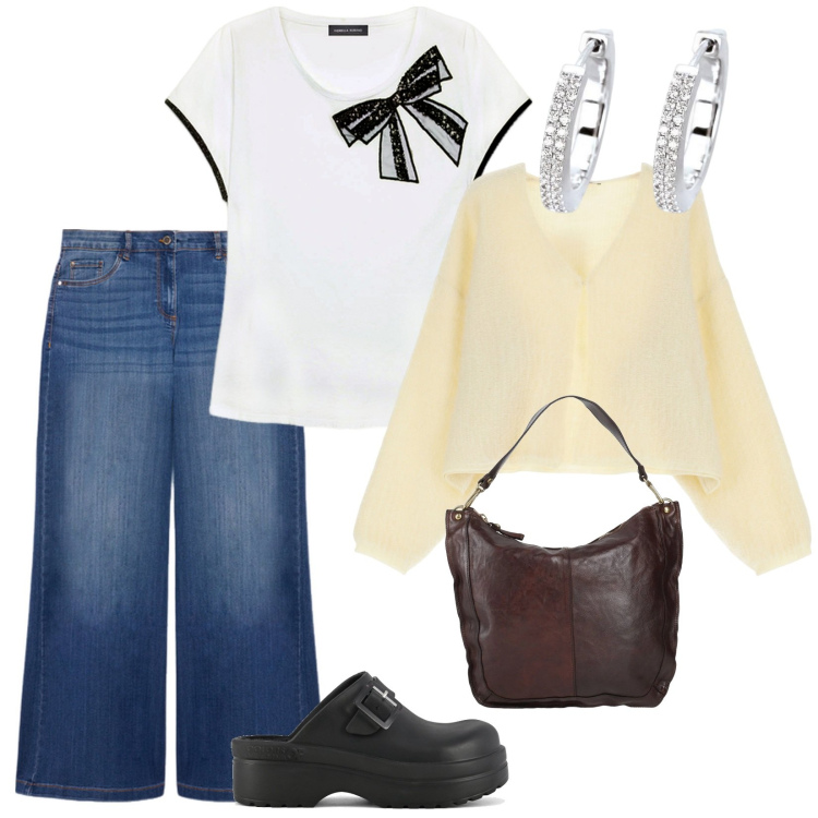 Outfit donna - Tutti i giorni. per Tutti i giorni. Abbinamento con borse a spalla, orecchini, cardigans, sandali, t-shirt, jeans.