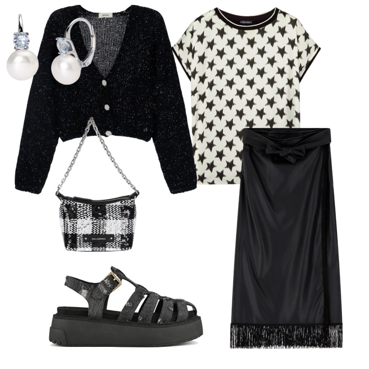 Outfit donna - Comodissima. per Tutti i giorni. Abbinamento con borse a mano, orecchini, cardigans, gonne longuette, t-shirt, sandali.