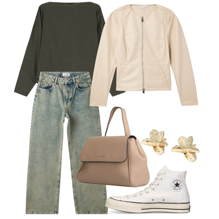 Outfit donna - I jeans non stancano mai. Stile Basic per Tutti i giorni. Abbinamento con zaini, blazer, jeans, maglieria, orecchini, sneakers.