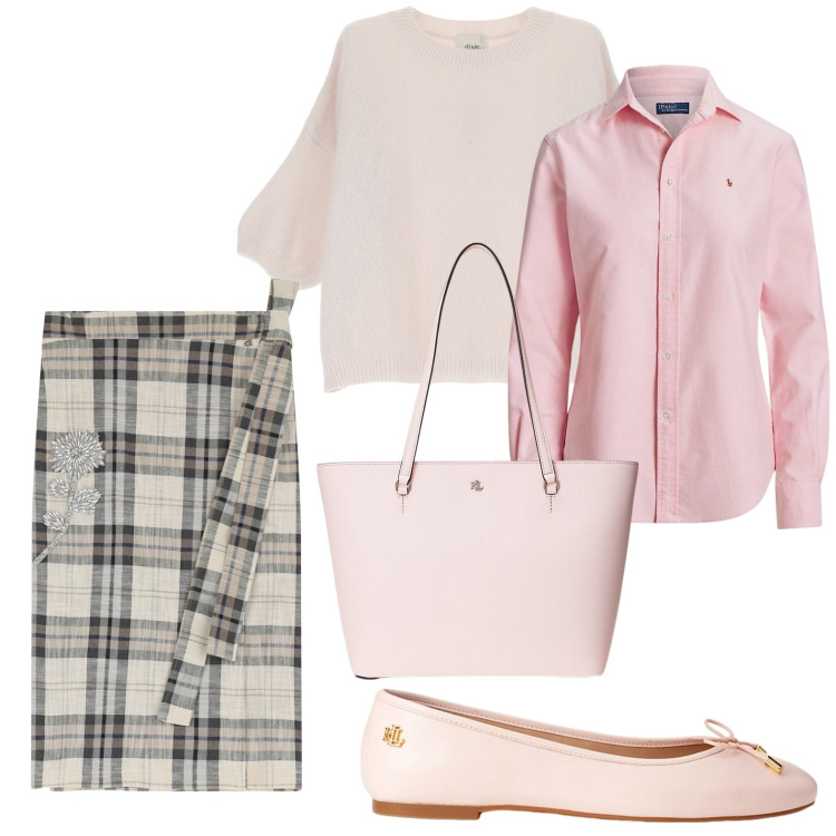 Outfit donna - La serenità è rosa. Stile Glamour per Tutti i giorni. Abbinamento con pullovers, gonne longuette, ballerine, borse tote, camicie.
