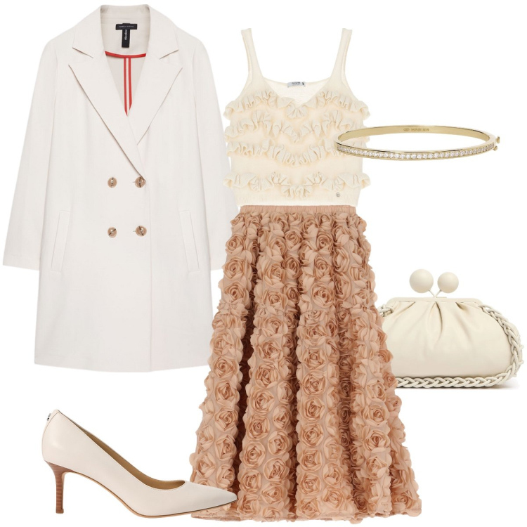 Outfit donna - Rose e ruches. Stile Romantica per Cerimonia. Abbinamento con braccialetti, top, gonne, décolleté, cappotti, pochette.