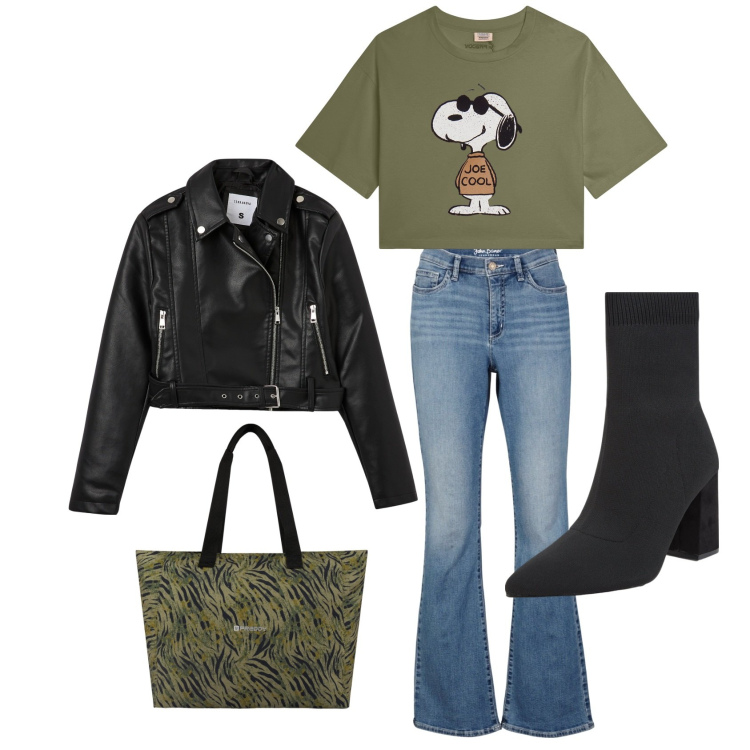 Outfit donna - Ironicamente chic. Stile Casual per Tutti i giorni. Abbinamento con jeans bootcut, giacche, stivaletti, shopping bag, t-shirt.