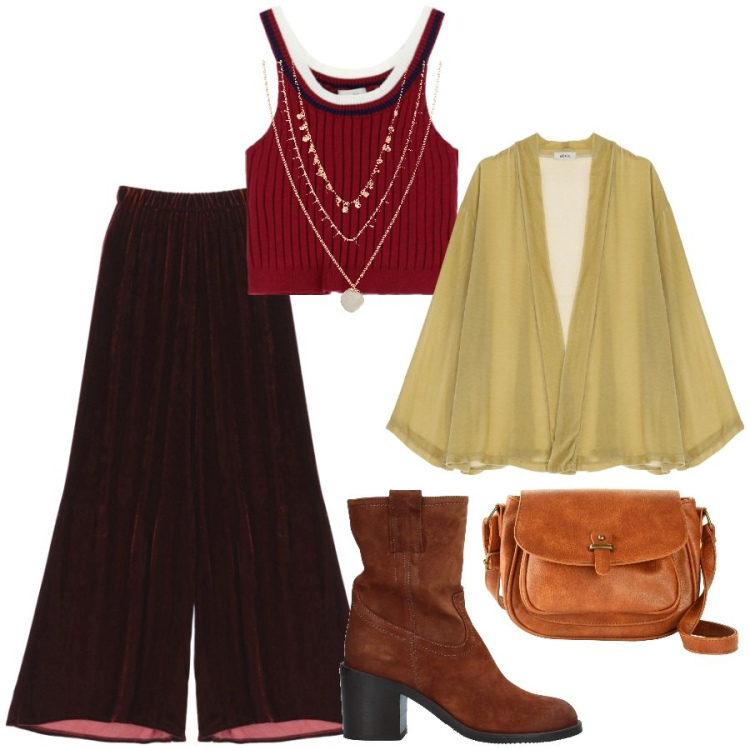 Outfit donna - Boho a febbraio. Stile Boho per Serata fuori. Abbinamento con collane, borse a tracolla, stivaletti, blazer, pantaloni, top.