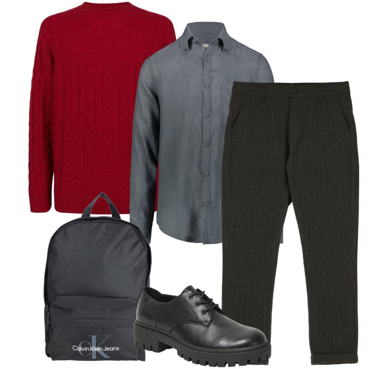 Outfit uomo - Il maglione rosso. Stile Business/Elegante per Ufficio. Abbinamento con borse sportive, scarpe stringate, pantaloni, maglieria, camicie.