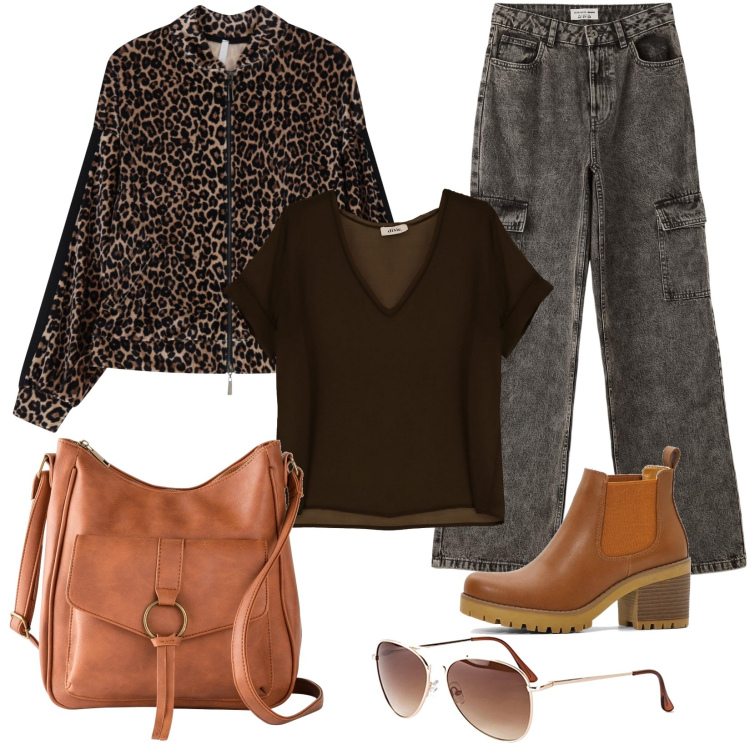 Outfit donna - Cuio e animalier. Stile Urban per Tutti i giorni. Abbinamento con stivaletti chelsea, occhiali da sole, borse a tracolla, jeans, bomber, bluse.