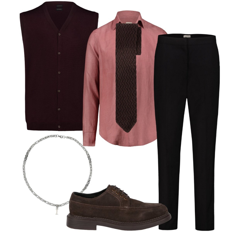 Outfit uomo - La camicia rosa. Stile Business/Elegante per Serata speciale. Abbinamento con collane, camicie, pantaloni chino, scarpe stringate, gilet, cravatte.