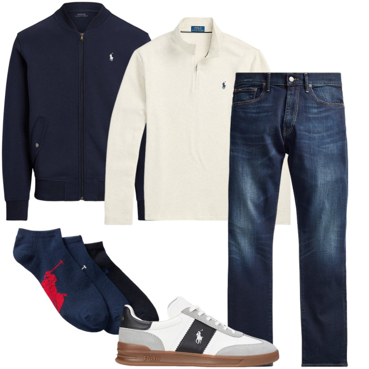 Outfit uomo - Tutto Ralph Lauren. Stile Casual per Tutti i giorni. Abbinamento con jeans, calzini, sneakers, bomber, pullovers.