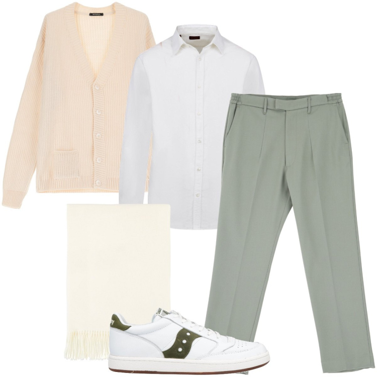 Outfit uomo - Toni pastello. Stile Business/Elegante per Ufficio. Abbinamento con sneakers, pantaloni, sciarpe, cardigans, camicie.
