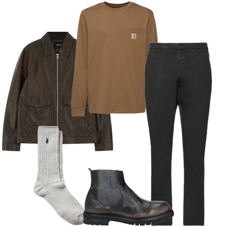 Outfit uomo - Biker brown. Stile Biker Rock per Serata speciale. Abbinamento con pantaloni chino, stivali e stivaletti, giacche, calzini, t-shirt.