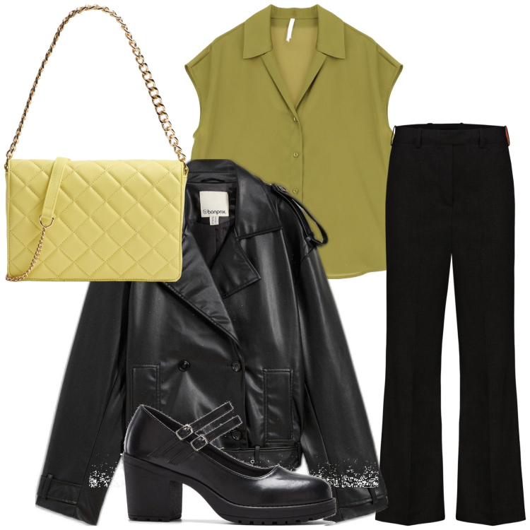 Outfit donna - Quasi primavera. Stile Urban per Ufficio. Abbinamento con trench, décolleté, borse a tracolla, camicie a manica corta, pantaloni.