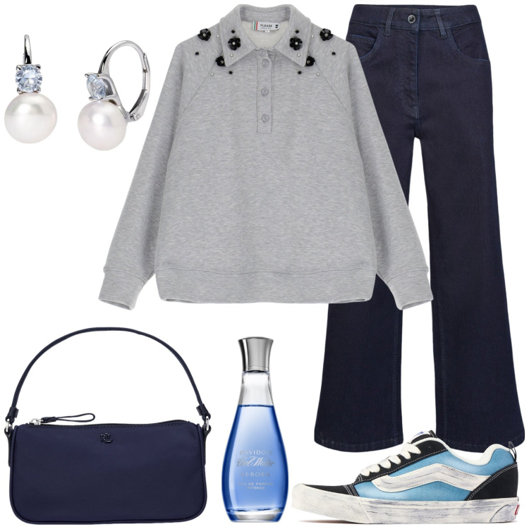 Outfit donna - Sportiva ma con dettagli femminili. Stile Casual per Tutti i giorni. Abbinamento con profumi, orecchini, felpe, pochette, pantaloni, sneakers.