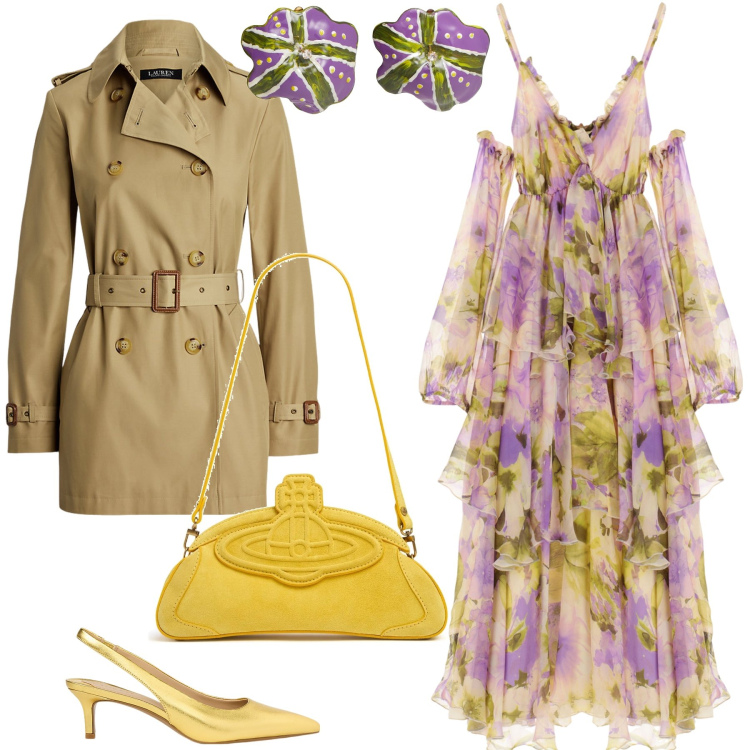 Outfit donna - Serata chic primaverile. Stile Glamour per Serata fuori. Abbinamento con orecchini, vestiti, trench, décolleté, clutch.