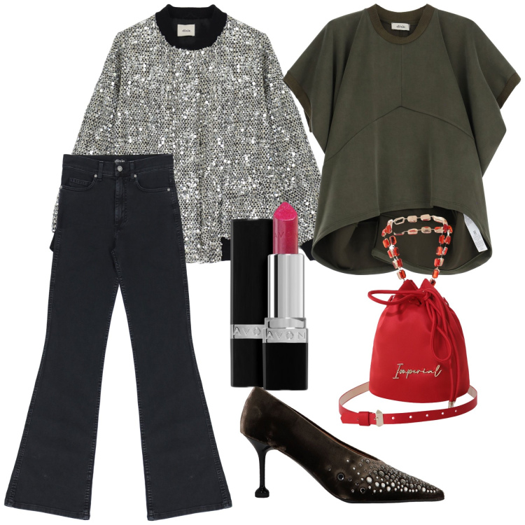 Outfit donna - Saldi Dixie ed un po’ di rosso. Stile Glamour per Serata fuori. Abbinamento con rossetti, borse a secchiello, t-shirt, décolleté, bomber, jeans.