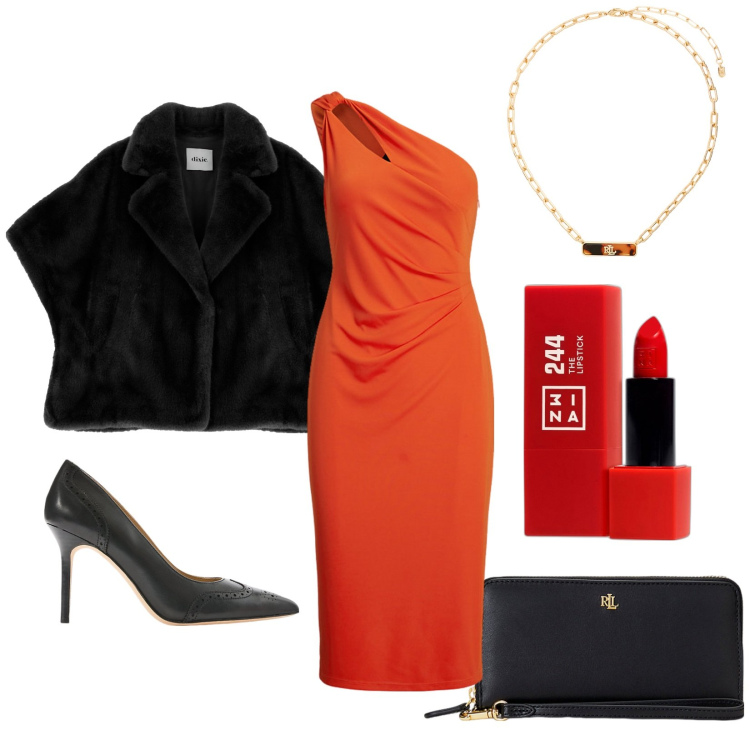 Outfit donna - Abito asimmetrico rosso. Stile Chic per Serata fuori. Abbinamento con rossetti, blazer, pochette, décolleté, collane, vestiti asimmetrici.