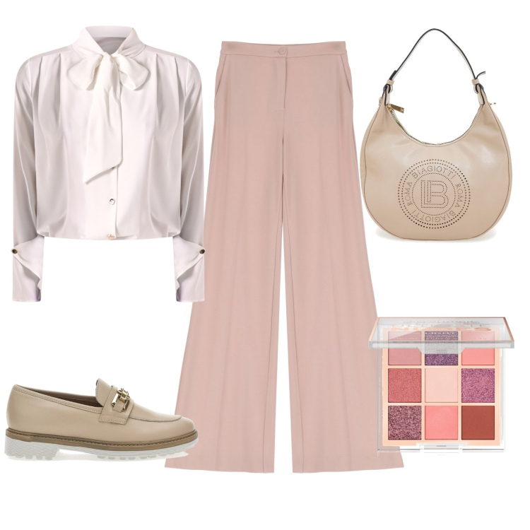 Outfit donna - Un po\' di colori pastello. Stile Bon Ton per Ufficio. Abbinamento con ombretti, bluse, pantaloni, mocassini, borse a spalla.