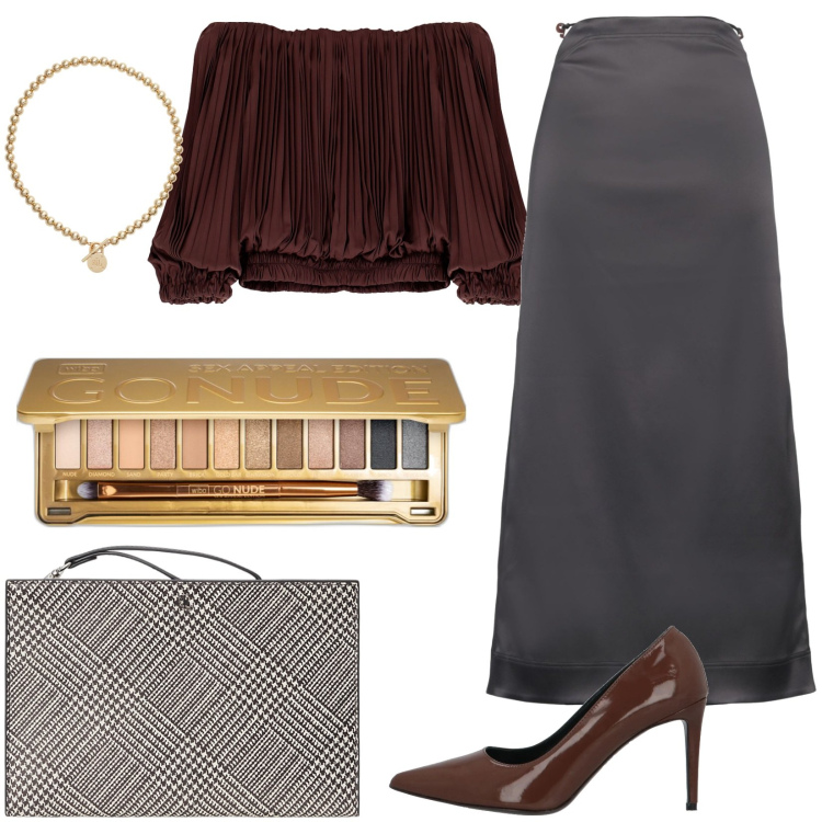 Outfit donna - Chocolate and grey. Stile Chic per Serata fuori. Abbinamento con décolleté, gonne lunghe, ombretti, top, collane, pochette.