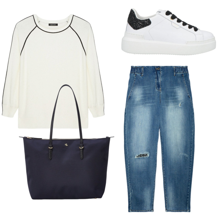 Outfit donna - Total look #2066301. Stile Basic per Tutti i giorni. Abbinamento con sneakers, borse tote, maglieria, jeans dritti.