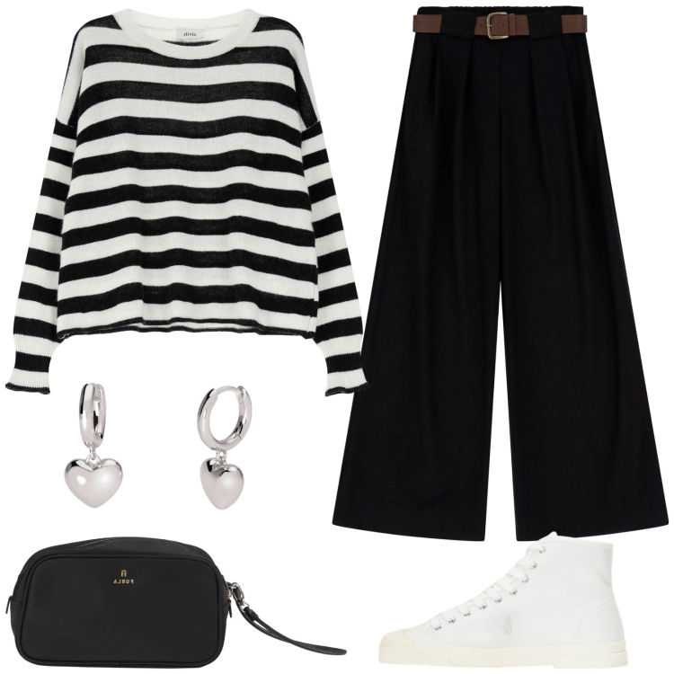 Outfit donna - Righe e sneakers per l\'ufficio. Stile Basic per Ufficio. Abbinamento con valigie, orecchini, pantaloni a palazzo, maglieria, sneakers alte.