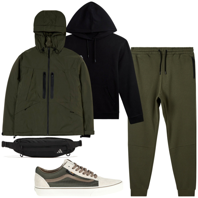 Outfit uomo - Total look #2066306. Stile Casual per Tutti i giorni. Abbinamento con sneakers, felpe con cappuccio, pantaloni sportivi, giacche sportive, borse sportive.