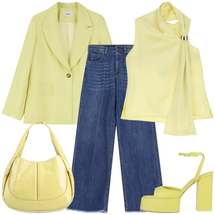 Outfit donna - Giallomania. Stile Casual chic per Tutti i giorni. Abbinamento con borse a mano, sandali in pelle, top, blazer, jeans.
