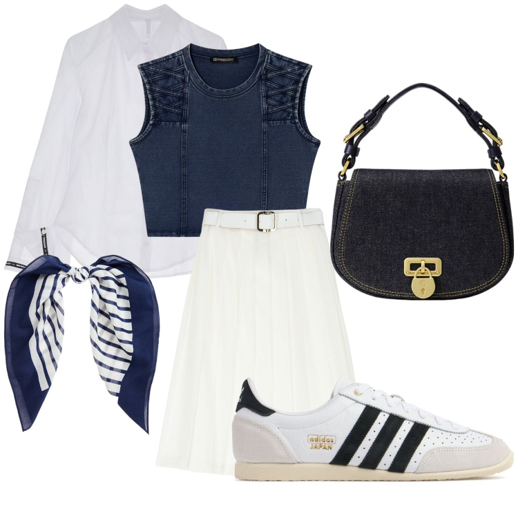 Outfit donna - Stile mare. per Mare. Abbinamento con camicie, gonne longuette, top, borse a tracolla, foulard, sneakers.