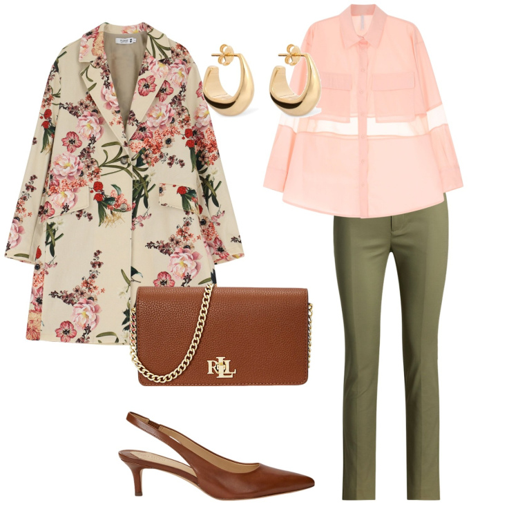 Outfit donna - Il cappotto a fiori. per Ufficio. Abbinamento con trench, camicie, décolleté, borse a mano, pantaloni, orecchini.