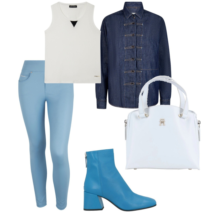 Outfit donna - Cielo. per Tutti i giorni. Abbinamento con stivaletti, borse a mano, pantaloni skinny, canottiere, camicie.