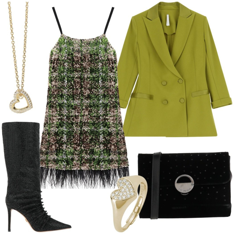Outfit donna - Serata speciale. Stile Glamour per Serata fuori. Abbinamento con stivali, borse a tracolla, anelli, collane, blazer, vestiti.