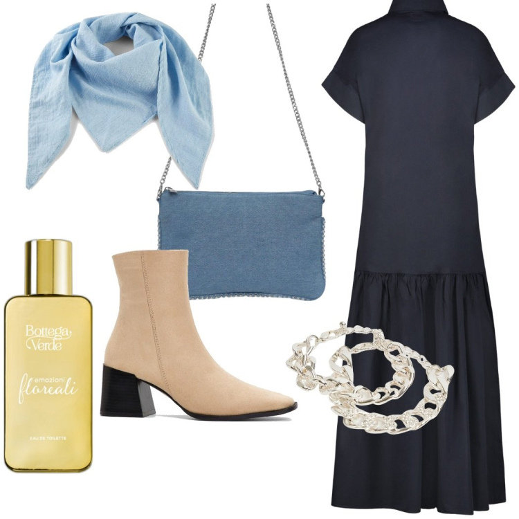 Outfit donna - Pomeriggio libero. Stile Urban per Tutti i giorni. Abbinamento con stivaletti, foulard, profumi, borse a tracolla, braccialetti, vestiti lunghi.