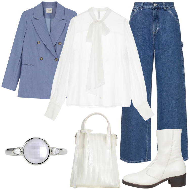 Outfit donna - Sporty chic in ogni occasione. Stile Sporty chic per Tutti i giorni. Abbinamento con stivaletti, borse a mano, anelli, camicie, blazer, pantaloni.