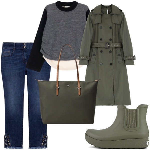 Outfit donna - Total look #2066330. Stile Casual chic per Tutti i giorni. Abbinamento con trench, pullovers, borse tote, stivali, jeans skinny.