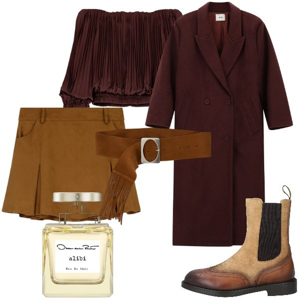 Outfit donna - Serata fuori. Stile Romantica per Serata fuori. Abbinamento con stivaletti chelsea, profumi, minigonne, top, cappotti, cinture.