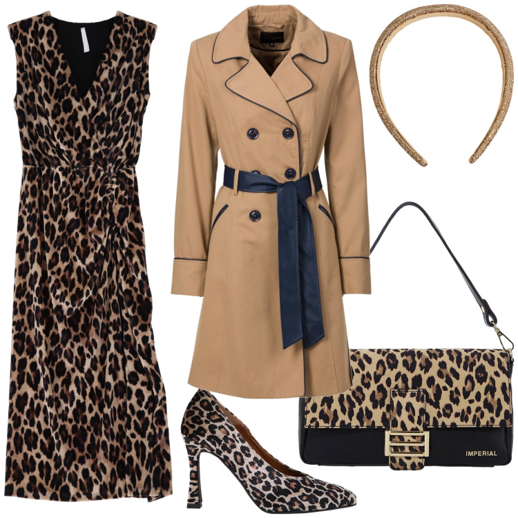Outfit donna - Sempre animalier. Stile Trendy per Ufficio. Abbinamento con trench, cerchietti, borse a spalla, vestiti midi/longuette, décolleté.