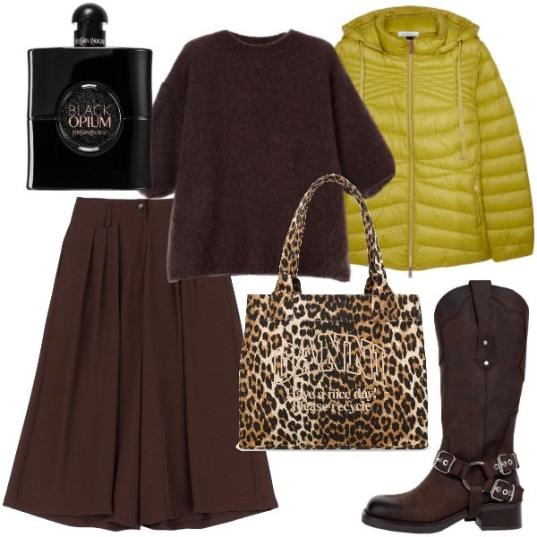 Outfit donna - Sfumature di colore. Stile Glamour per Tutti i giorni. Abbinamento con profumi, bermuda, maglieria, stivali, piumini, shopping bag.
