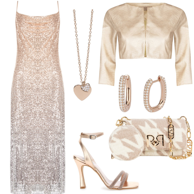Outfit donna - Voglio brillare. Stile Chic per Cerimonia. Abbinamento con orecchini, ciondoli, bolero, vestiti lunghi, borse a tracolla, sandali col tacco.