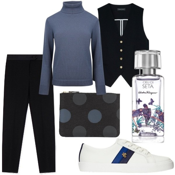 Outfit donna - Total look #2066352. Stile Chic per Tutti i giorni. Abbinamento con pochette, profumi, pantaloni, sneakers, gilet, maglieria.