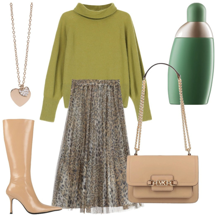Outfit donna - Pranzo di lavoro. Stile Urban per Tutti i giorni. Abbinamento con stivali, borse a spalla, profumi, ciondoli, maglieria, gonne.