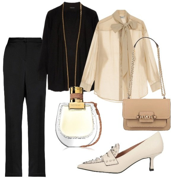 Outfit donna - Invito a cena. Stile Glamour per Serata fuori. Abbinamento con mocassini, pantaloni, borse a spalla, profumi, camicie, cardigans.