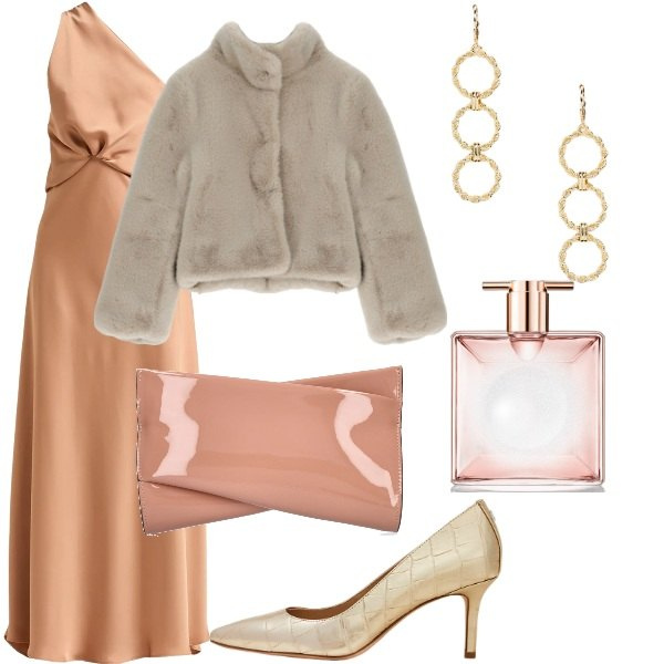 Outfit donna - Cena importante. Stile Glamour per Serata fuori. Abbinamento con vestiti lunghi, profumi, orecchini, décolleté, blazer, pochette.