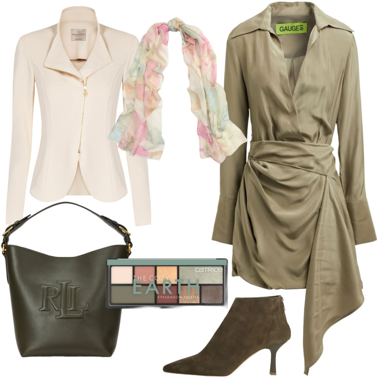 Outfit donna - Abito asimmetrico per una serata. Stile Trendy per Serata fuori. Abbinamento con vestiti corti, ombretti, blazer, borse a secchiello, sciarpe, stivaletti.