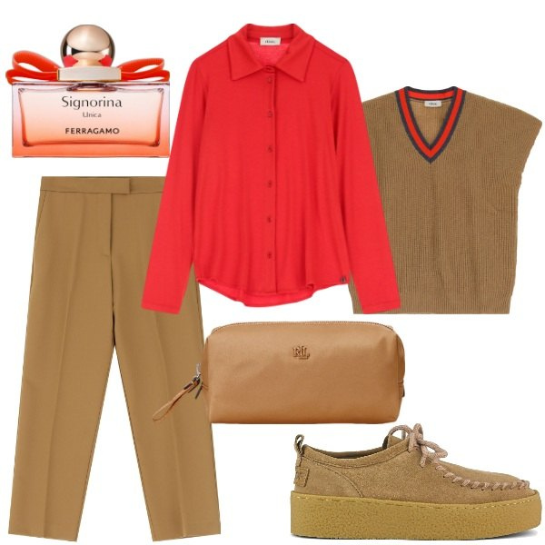 Outfit donna - Domenica mattina. Stile Casual chic per Tutti i giorni. Abbinamento con profumi, pantaloni, maglieria, camicie, pochette, mocassini.