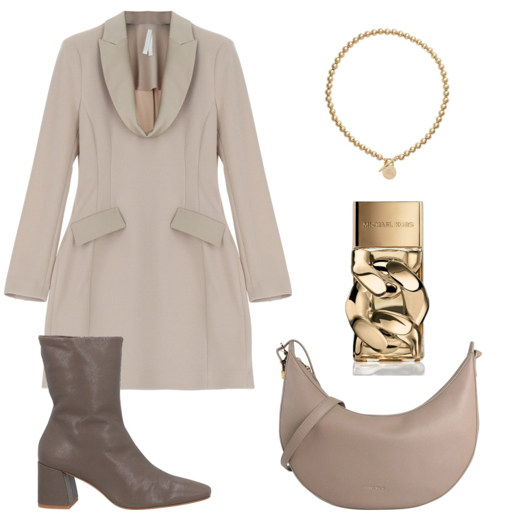 Outfit donna - Nuance neutre. Stile Glamour per Tutti i giorni. Abbinamento con borse a tracolla, stivaletti, profumi, vestiti corti, collane.