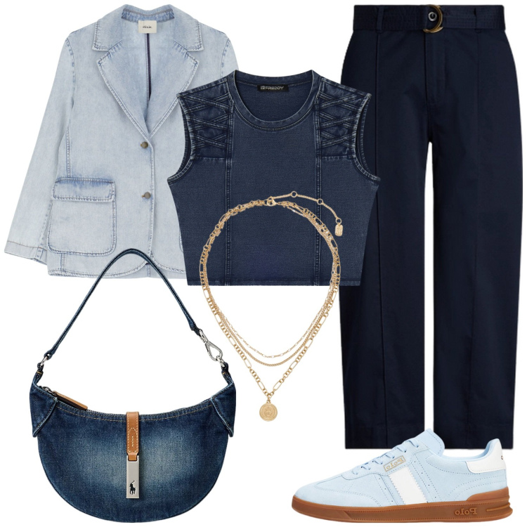 Outfit donna - Accostamenti di jeans. Stile Casual chic per Tutti i giorni. Abbinamento con top, blazer, ciondoli, borse a spalla, sneakers, pantaloni.